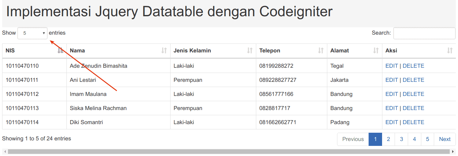 Show Entries Limit - Struktur Tabel - Cara Menggunakan jQuery DataTables dengan Codeigniter dan MySQL