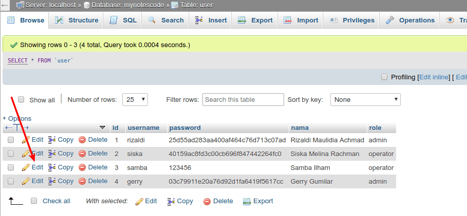 Langkah 9 - Cara Membuat atau Mengubah Password MD5 di PHPMyAdmin